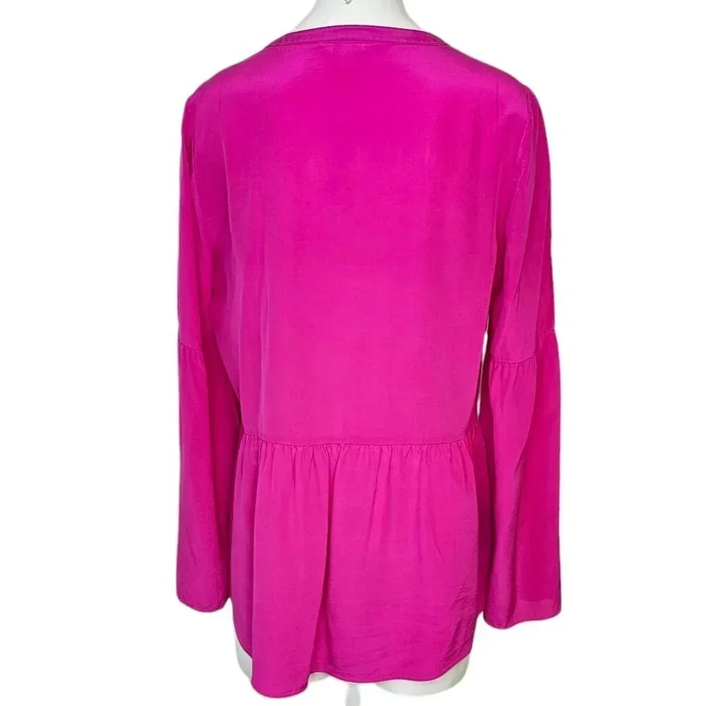 Lilly Pulitzer 100% Silk Tie Front Lace Up Blouse Pink  Size Medium Bell Sleeve - Picture 2 of 9